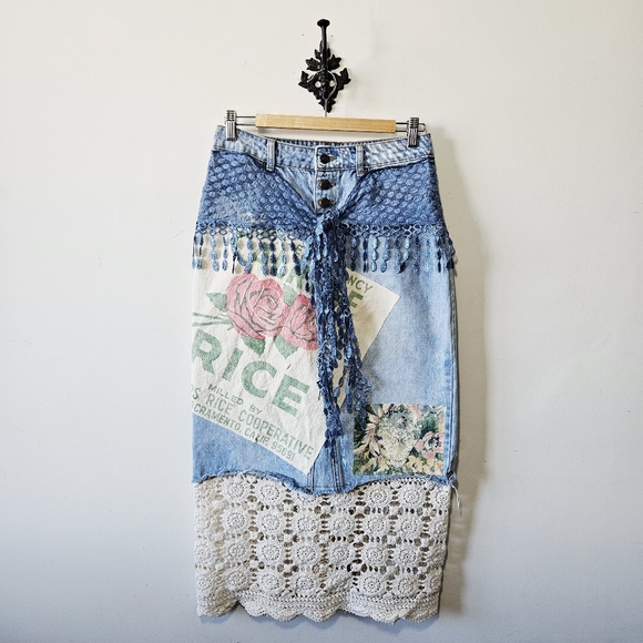Upcycled Patchwork Boho Lace Denim Skirt Size 8 Floral Rice Bag Tassel Handmade - Picture 2 of 7